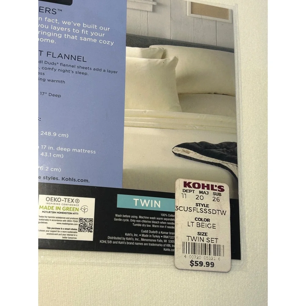 Cuddl Duds Twin Heavyweight Flannel Sheet Set Ivory 100% Cotton 3CUSFLSSSDTW